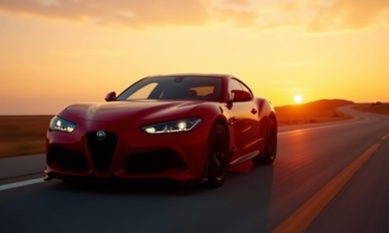 Auto sportiva di lusso su strada al tramonto con sfumature rosse e nere